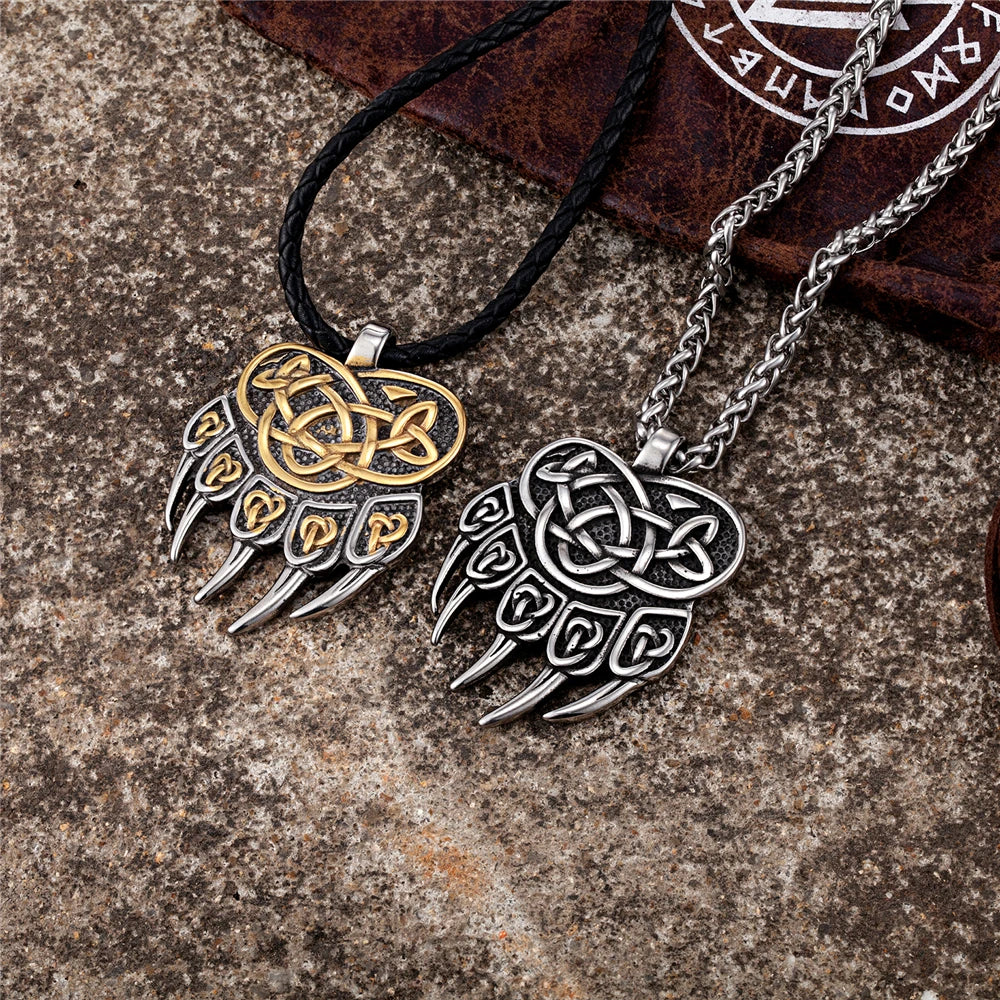 Never Fade Viking Celtic Wolf Claw Necklace Men Norse Rune Bear Claw Self-defense Amulet Genuine Leather Stainless Steel Jewelry