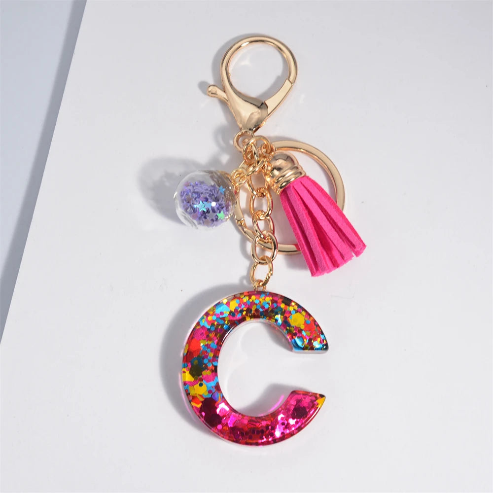 Colorful Letter Keychain Pendant Glitter Sequin Resin Key Chain Tassel Charms With Ball Keyring Jewelry For Women Bag Ornaments C
