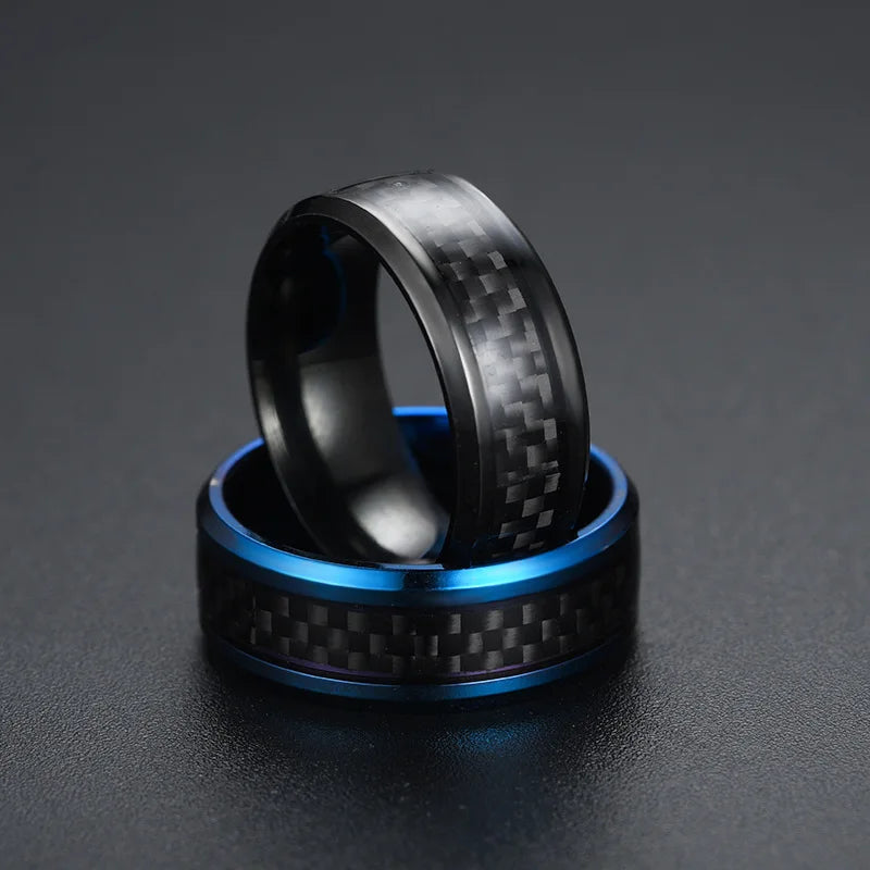 Classic 8mm Men Ring Titanium Stainless Steel Ring Inlay Black Blue Carbon Fiber Ring Wedding Jewelry Christmas Gift Accessories