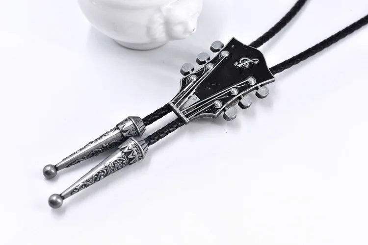 Popular guitar instrument genuine leather polo tie pendant necklace,adjustable,oil dripping technique,gift for music enthusiasts