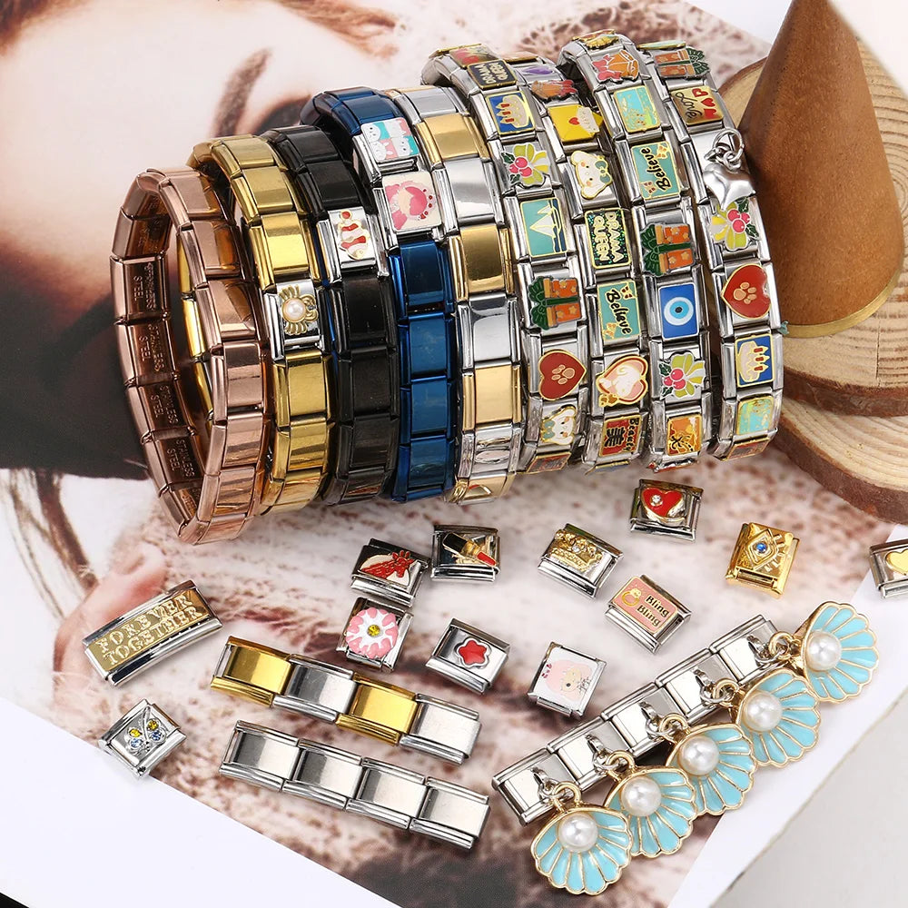 GEMOSA 9mm Width Italian Charm Bracelet Fashion Stainless Steel Bangle Elastic Link Chain High Quality Factory DIY