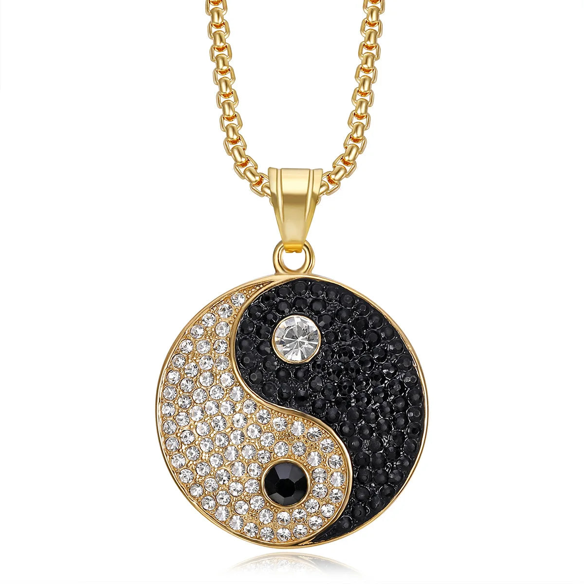 Unisex HipHop Rhinestone Jewelry Stainless Steel Gold Plated YinYang Bagua Pendant Necklace for Gift