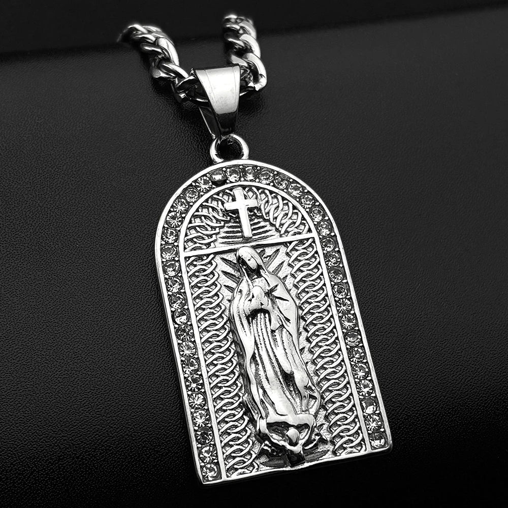 Catholic Virgin Mary Rhinestones Pendant Necklace for Women Men Stainless Steel Gold Color Our Lady of Guadalupe Chain Jewelry
