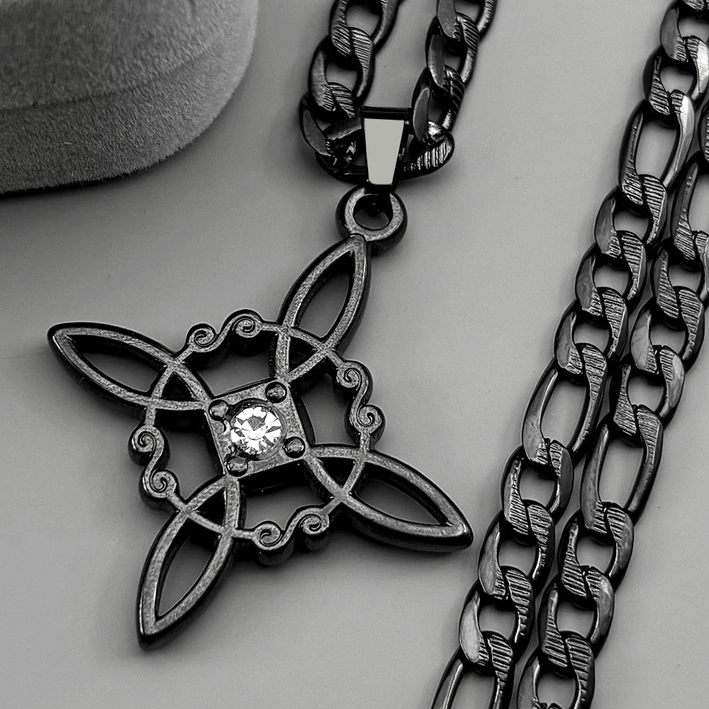 Stainless Steel Witch Knot Pendant Necklace for Women Men Gold Silver Color Rhinestone Wicca Pagan Chain Amulet Lucky Jewelry