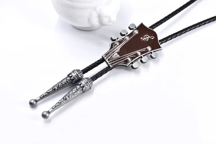 Popular guitar instrument genuine leather polo tie pendant necklace,adjustable,oil dripping technique,gift for music enthusiasts