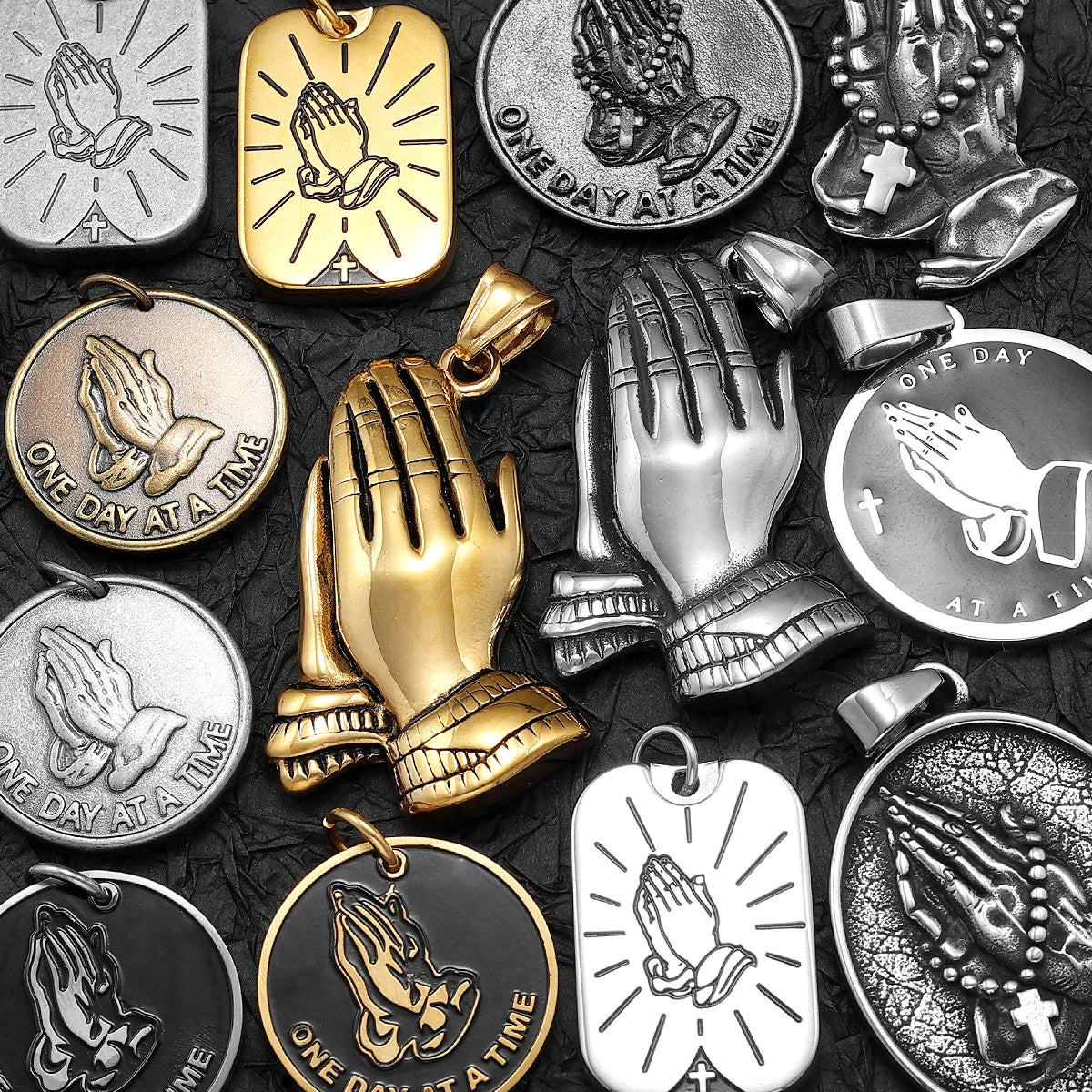Paryer Hands Stainless Steel Men Necklaces Pendant Chain Cross Amulet Vintage New In For Women Fashion Jewelry Gifts Wholesale