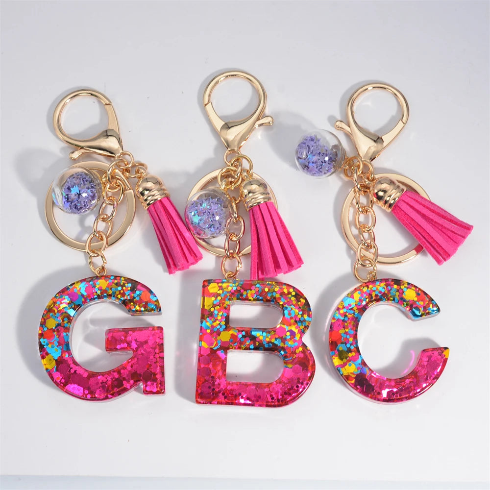 Colorful Letter Keychain Pendant Glitter Sequin Resin Key Chain Tassel Charms With Ball Keyring Jewelry For Women Bag Ornaments
