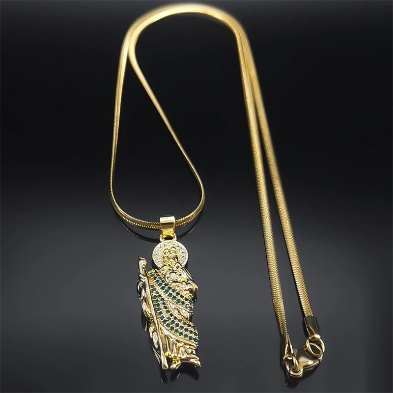 San Judas Tadeo Necklace Zircon Copper Religion Pendant Stainless Steel Snake Chain Saint Jude Thaddeus Necklaces Jewelry NGG43