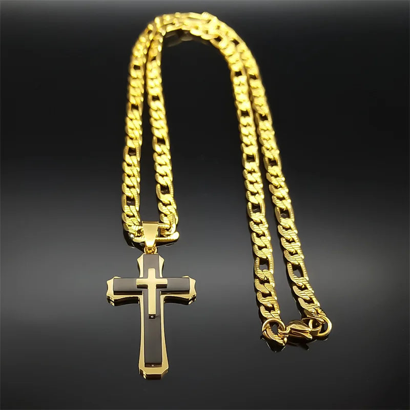 Hip Hop Christian Cross Stainless Steel Long Chain Pendant Necklaces for Women Men Gold Color Necklace Amulet Jewelry Gift