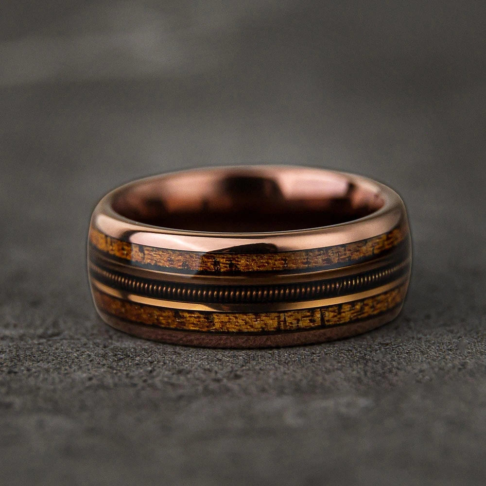 Fashion 8mm Rose Gold Color Stainless Steel Guitar String Rings for Men Koa Wood Inlay Ring Whiskey Barrel Mens Wedding Band