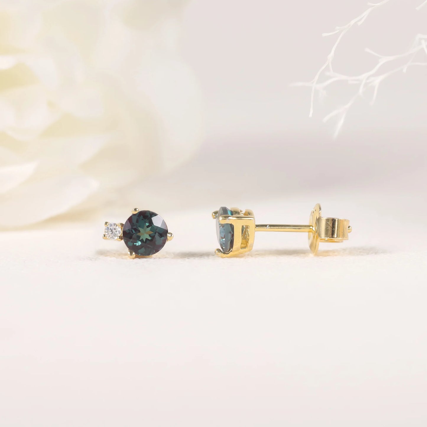 GEM'S BALLET 18k Gold Plated 925 Sterling Silver Round Cut 5mm Sparkling Lab Alexandrite Stud Earrings June Birtstone Earrings