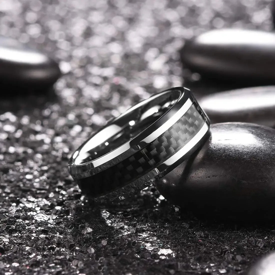 Fashion Silver Color Stainless Steel Rings for Men Black Carbon Fiber Ring Wedding Jewelry Christmas Gift Accessories