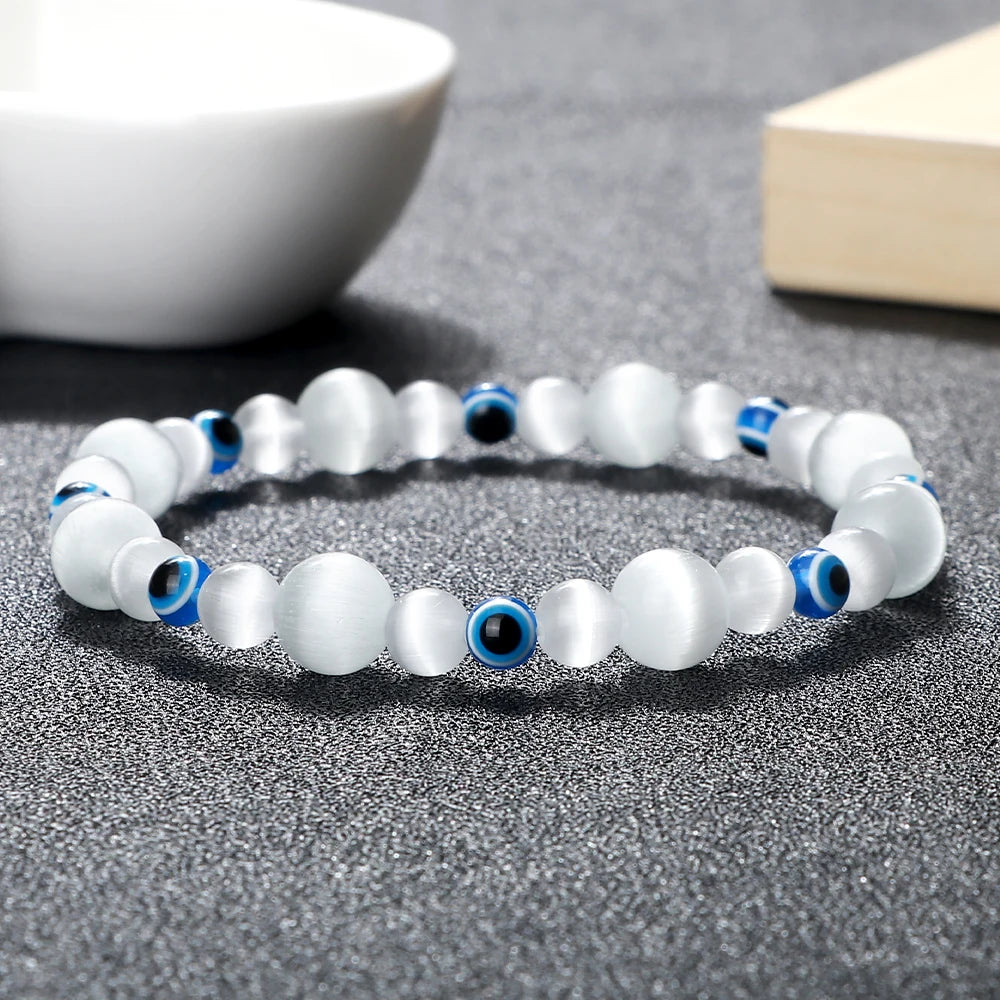 Blue Evil Eye Beaded Bracelets Natural Cat Eye Stone 6 8mm Opal Men Bangles Adjustable Women Bracelet Lucky Yoga Jewelry Gifts