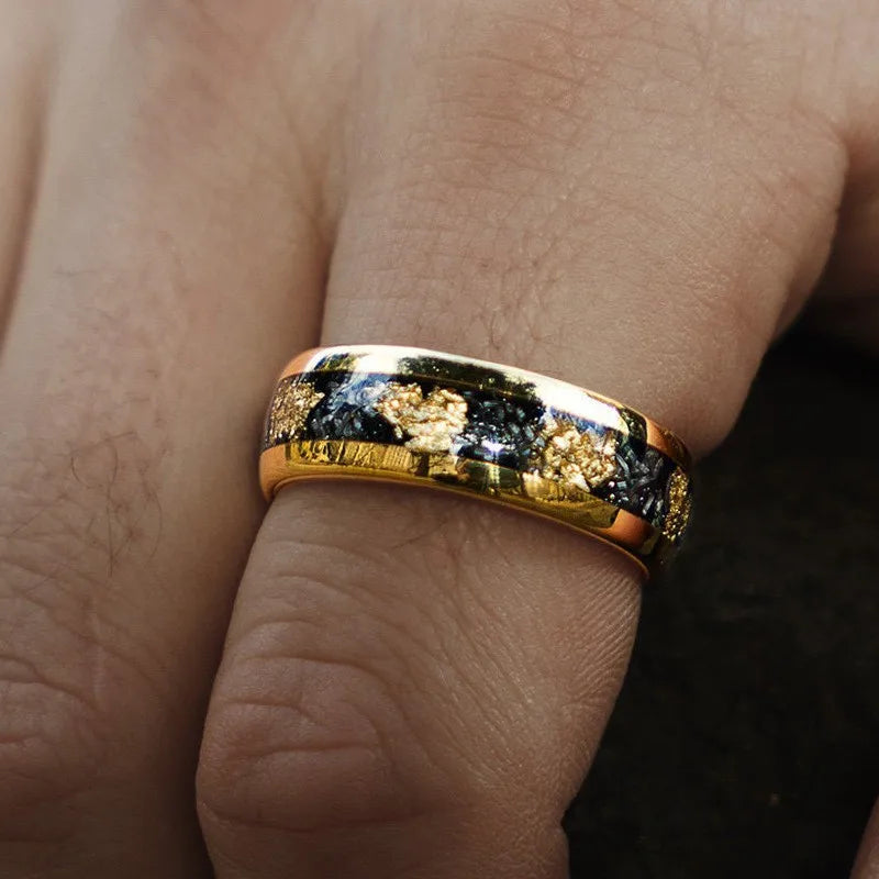 8MM Fashion Stainless Steel Rings Inlay Meteorite Abalone Shell Steel Rings For Men Women Wedding Engagement Band Jewelry Gift