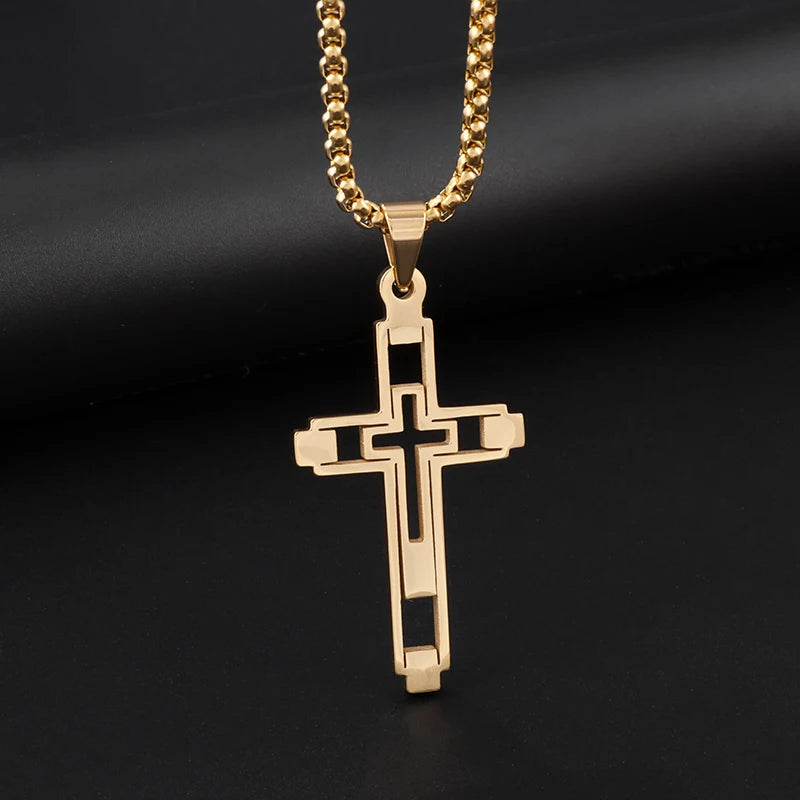 Fashion Creative Cutout Double Cross Stainless Steel Pendant Necklace for Men Classic Women Church Prayer Jewelry