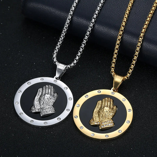 Wholesale Buddha Hand Prayer Chain Stainless Steel Gold Plated Pendant Necklace Rap Singer Personality Party Gifts