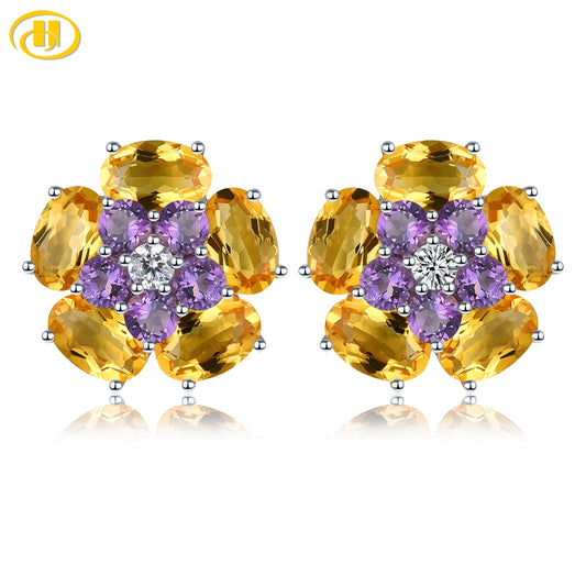 Natural Citrine Amethyst Sterling Silver Stud Earring 5.5 Carats Genuine Multicolor Gemstone Women Romantic Style Jewelry Gifts