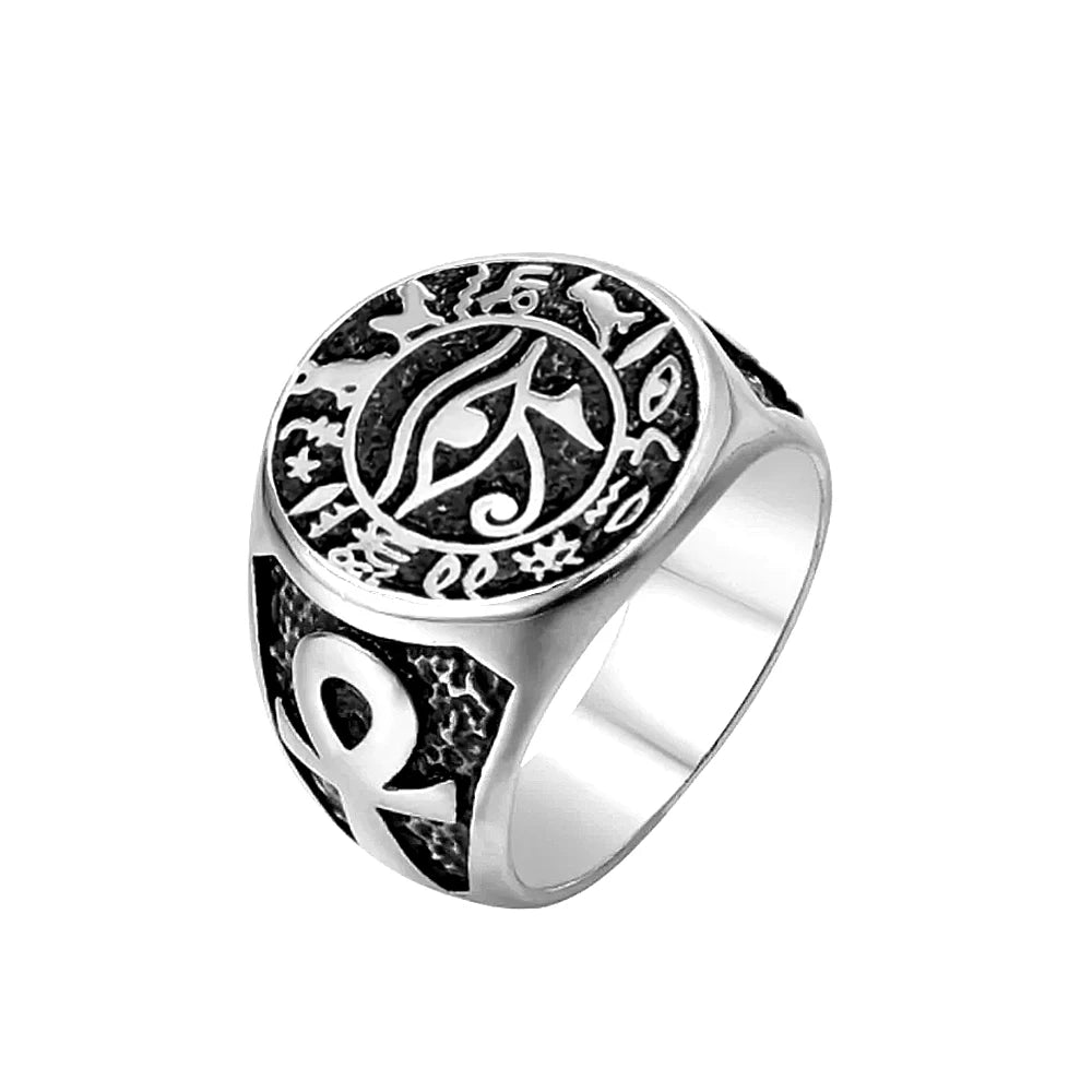 Egyptian Vintage Men Eye Of Horus Ring Fashion Stainless Steel Ankh Cross Ring Punk Biker Amulet Jewelry Gift Silver