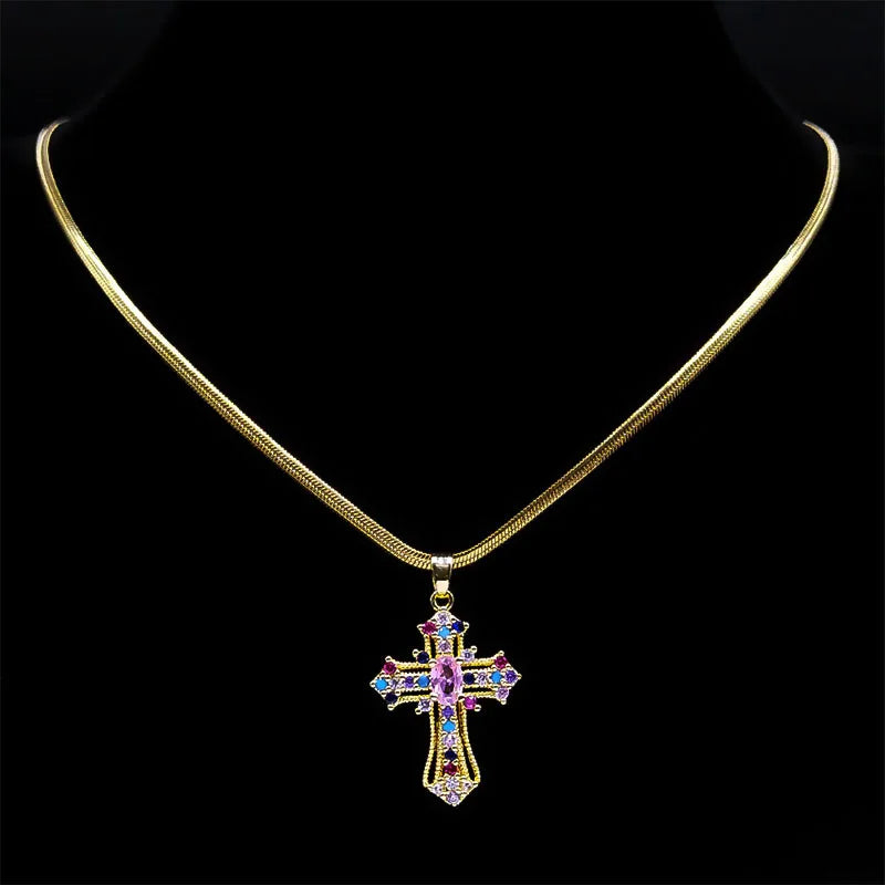 Vintage Shiny Zircon Jesus Cross Religious Amulet Necklace Women Stainless Steel Clavicle Snake Chain Choker Necklaces Jewelry