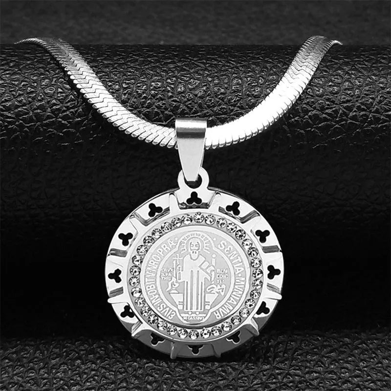 Hip Hop Saint Benedict Medallion Pendant Necklace Men Stainless Steel Snake Chain Choker Necklaces Jewelry San Benito Collares