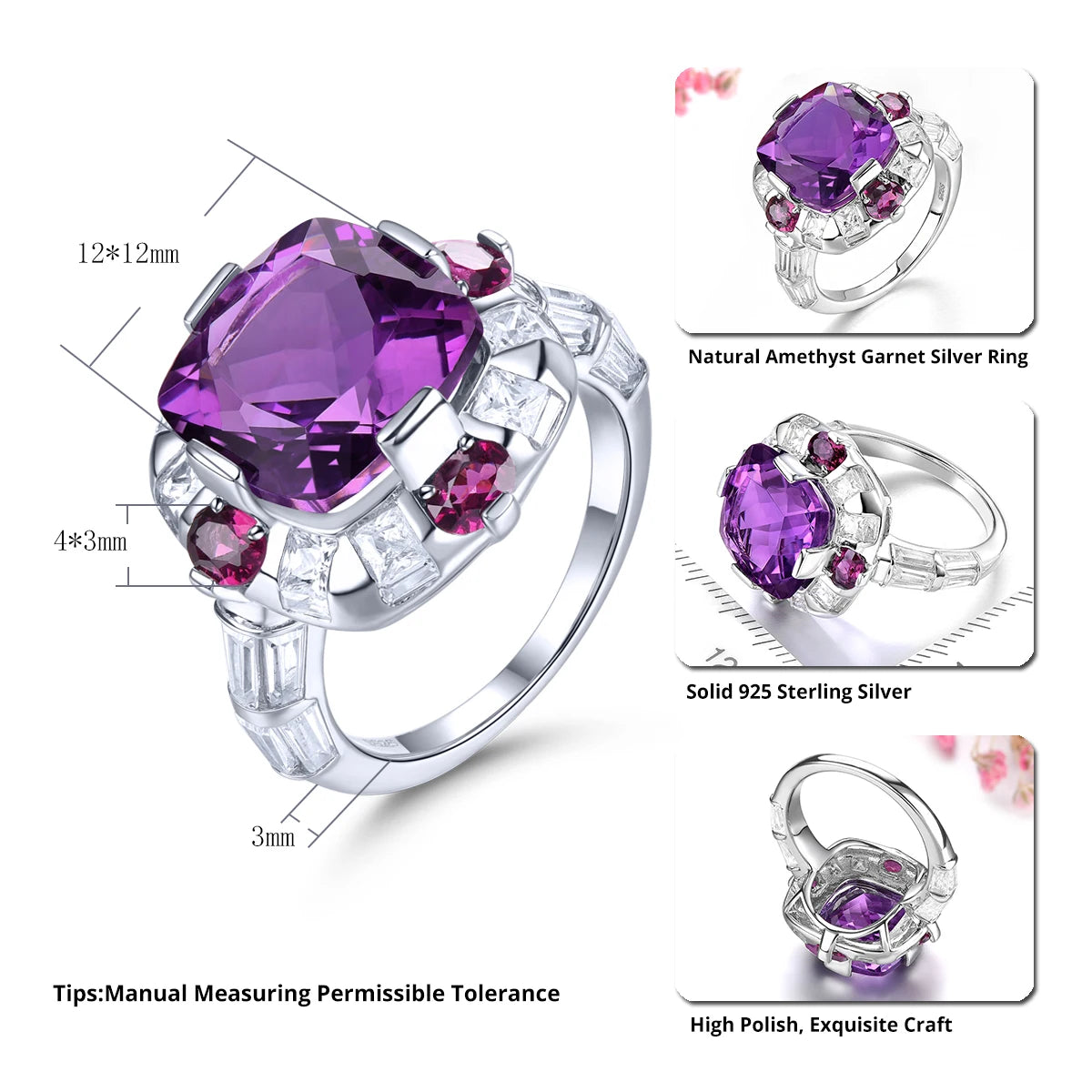 Natural Amethyst Rhodolite Garnet Solid Silver Rings 7.8 Carats Genuine Multicolor Fine Jewelry Engagement Anniversary Gifts