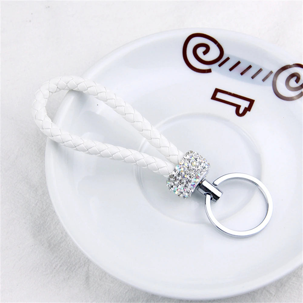 Fashion PU Leather Woven Keychain Glitter Rhinestones Braided Rope Keyring For Men Women Car Key Holder Charms Accessories Gifts L CHINA