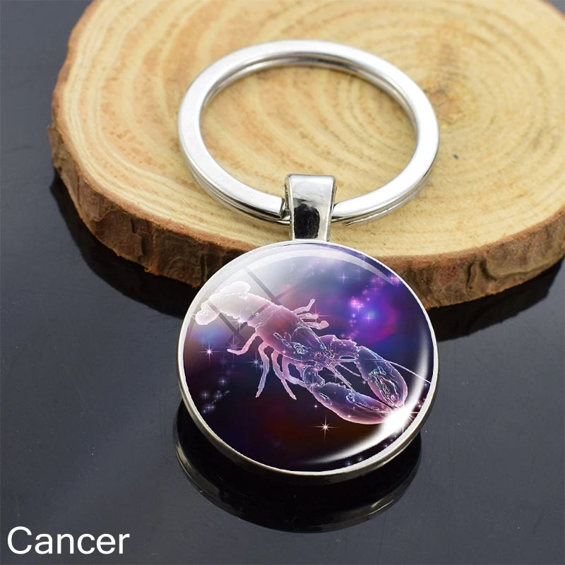 12 Zodiac Sign Keychain Sphere Ball Crystal Key Rings Scorpio Leo Aries Constellation Birthday Gift for Women and Mens Cancer