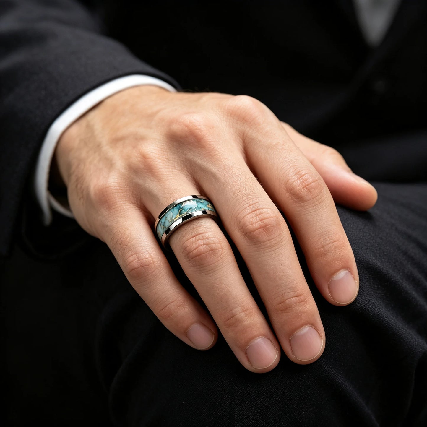 Wholesale With Sky Blue Marble Turquoise Inlay Ring Stainless Steel Rings for Men Women Wedding Band Jewelry Birthday Gift