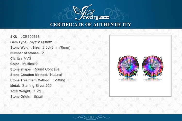 JewelryPalace Round Genuine Rainbow Mystic Quartz 925 Sterling Silver Stud Earrings  Women Fashion Statement Gemstone  Jewelry