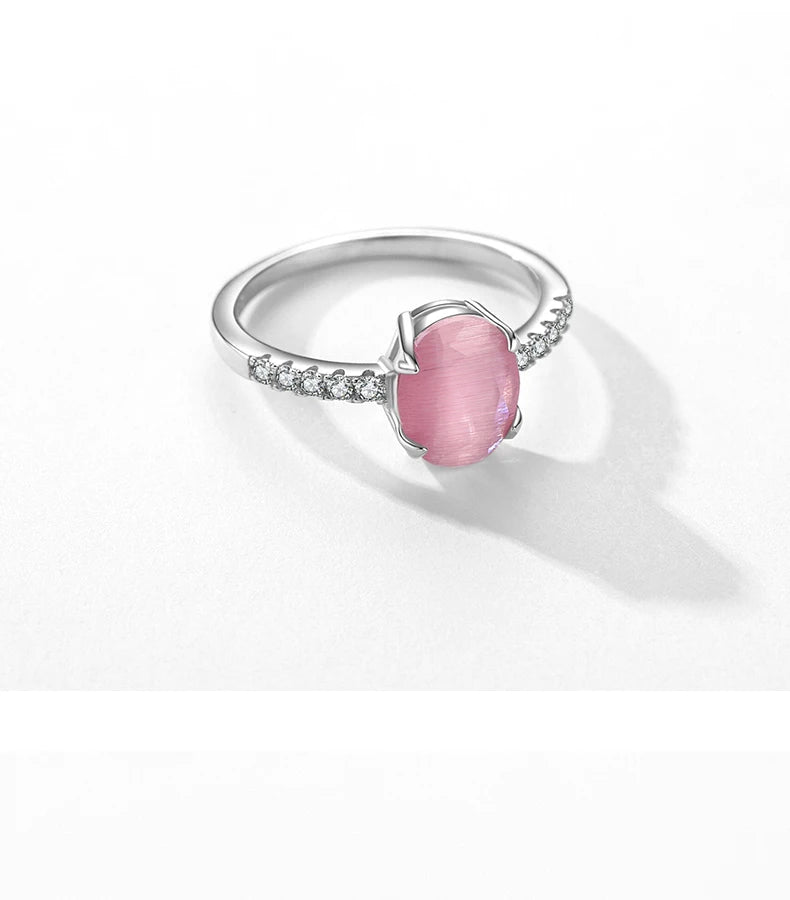 Modian Genuine 925 Sterling Silver Fashion Romantic Oval Pink Opal Finger Ring For Women Girls Charm Party Fine Jewelry Gifts