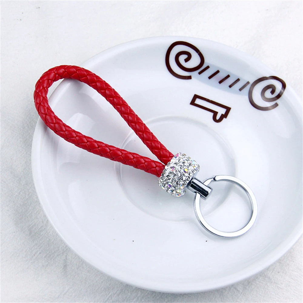 Fashion PU Leather Woven Keychain Glitter Rhinestones Braided Rope Keyring For Men Women Car Key Holder Charms Accessories Gifts B CHINA