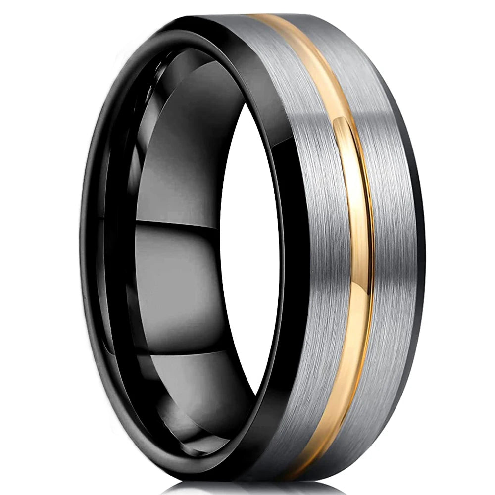 Fashion 8mm Gold Color Groove Men Stainless Steel Rings Silver Color Brushed Black edge Rings For Men Women Wedding Band Jewelry