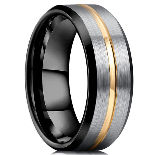 Fashion 8mm Gold Color Groove Men Stainless Steel Rings Silver Color Brushed Black edge Rings For Men Women Wedding Band Jewelry