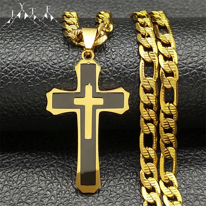 Hip Hop Christian Cross Stainless Steel Long Chain Pendant Necklaces for Women Men Gold Color Necklace Amulet Jewelry Gift