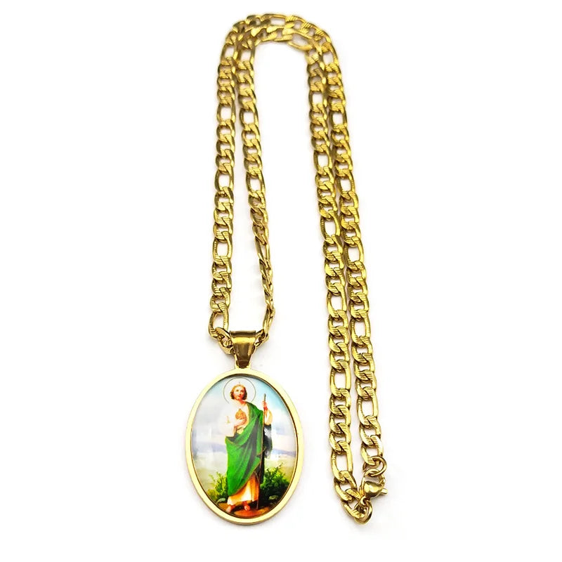 San Judas Tadeo Medal Pendant Necklace for Women Men Stainless Steel Gold Color Saints Apostle of Jesus Amulet Faith Jewelry