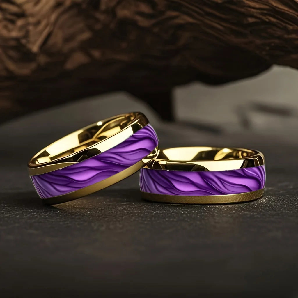 Purple Abalone Shell Inlay Rings, Fashion 8mm Gold Color Men Stainless Steel Rings for Men Women, Wedding Band Jewelry Gift
