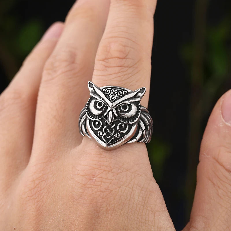 316L Stainless Steel Odin Norse Anel Amulet Owl Head Viking Animal Rings For Men Women Retro Jewelry Party Gift