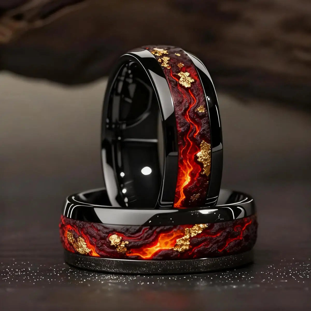 Fashion Black Men Stainless Steel Ring with Volcanic Lava and Golden Foil Pattern Inlay Rings for Men Wedding Jewelry Drop Ship