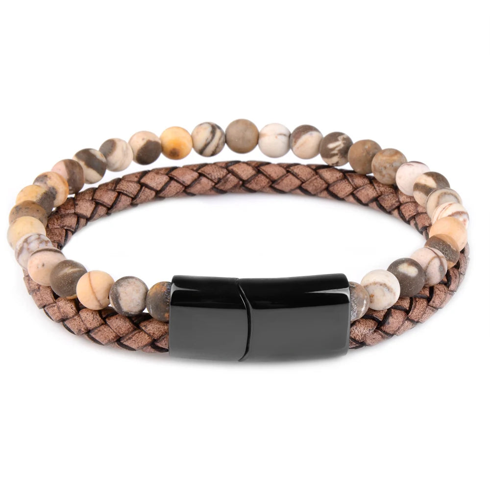 Natural Stone Bracelet Genuine Leather Braided Bracelets Black Stainless Steel Magnetic Clasp Tiger eye Bead Bangle Men Jewelry Australian Zebra