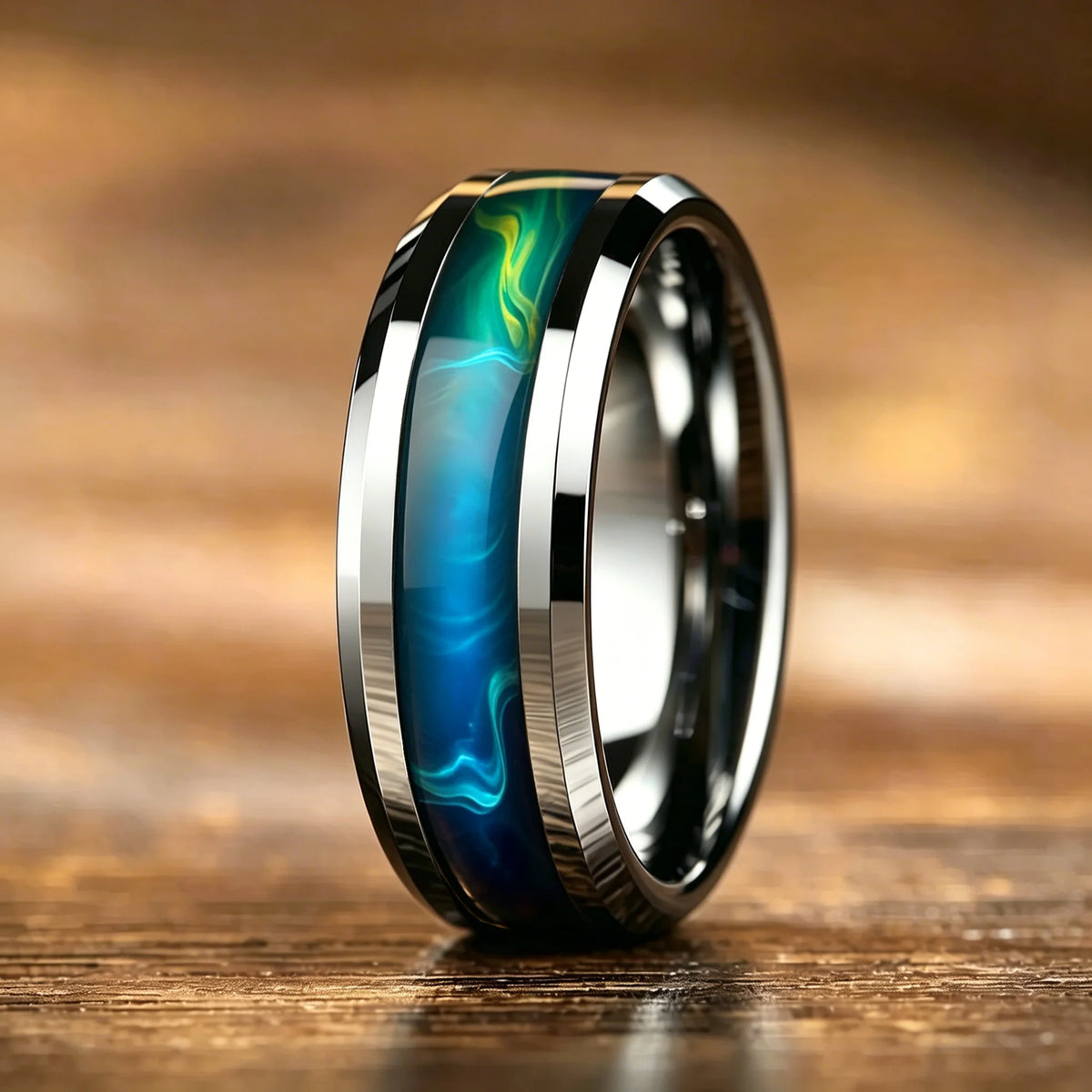 With Blue-Green Gradient Nebula Pattern Rings, 8mm Cosmic Starry Sky Stainless Steel Men Ring, Wedding Band Jewelry Drop Ship