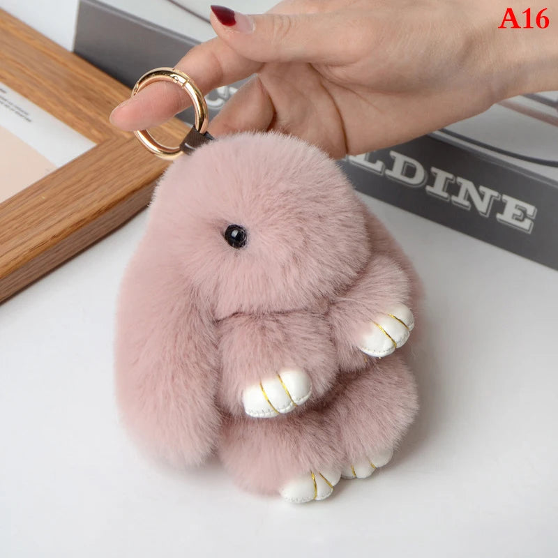Rabbit Keychain Ring Fluffy Real Fur Pompon Bunny Trinket Key Chain Charm Cute Key Ring On Bag Car Key Pendant Hot pink