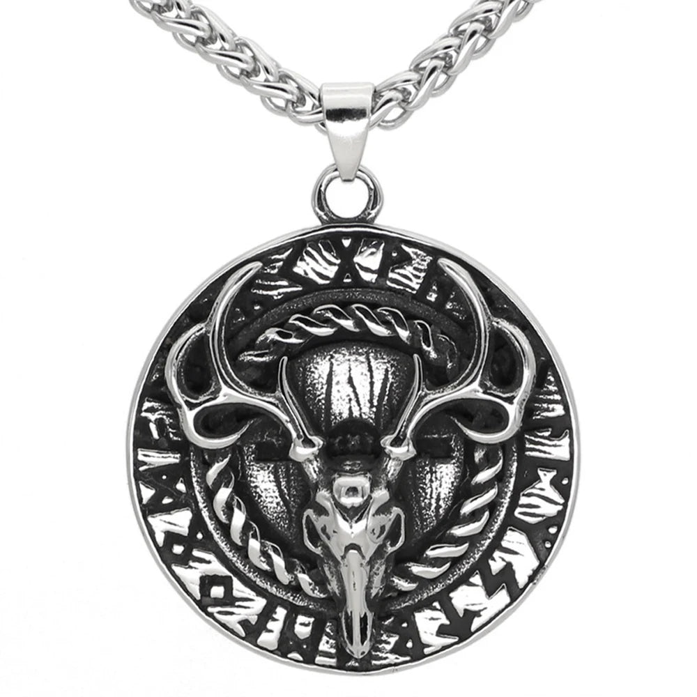Vintage Viking Elk Skull Pendant Necklace Stainless Steel Norse Odin Viking Rune Necklace for Men Biker Amulet Jewelry Wholesale