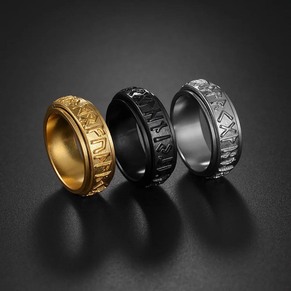Vintage Viking Rune Rings For Men Women Retro Viking Stainless Steel Rotatable Fidget Anxiety Spinner Ring Retro Amulet Jewelry