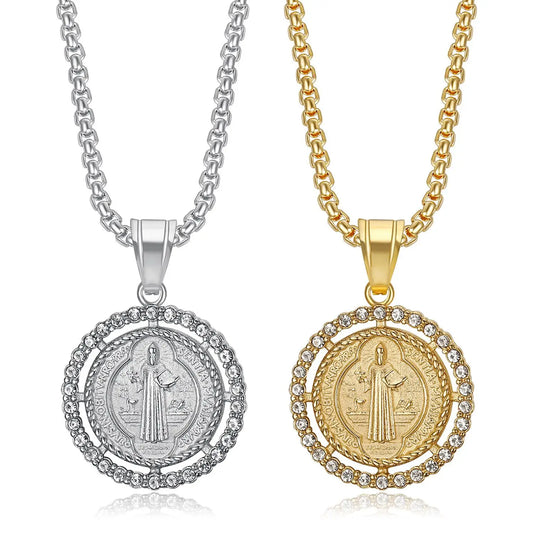 Unisex Stainless Steel Gold Plated Zircon Saint Benedict Pendant Necklace Hip Hop Jewelry for Gift