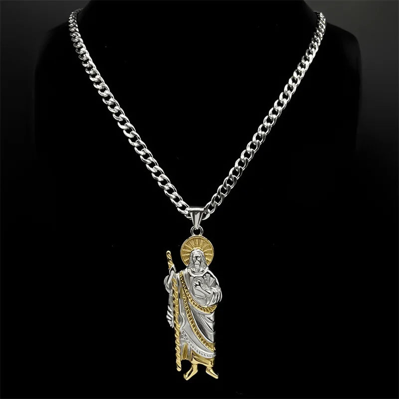 San Judas Tadeo Pendant Necklace for Men Women Stainless Steel Gold Silver Color Catholic Saints Apostle of Jesus Chain Jewelry