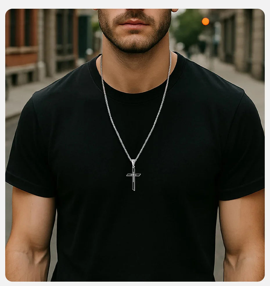 Vnox Simple Cross Pendant Necklace for Men Boys, Trendy Stainless Steel Box Chain Necklaces, Religious Talisman Anniversary Gift