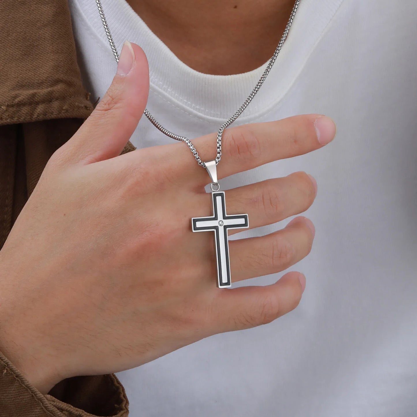 Mens Stainless Steel Cross Necklaces,Cross Center Zircon Pendant Collars with Black Glue Edge,Stylish Classic Jewelry Gifts