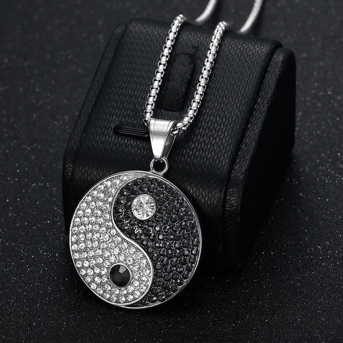 Unisex HipHop Rhinestone Jewelry Stainless Steel Gold Plated YinYang Bagua Pendant Necklace for Gift