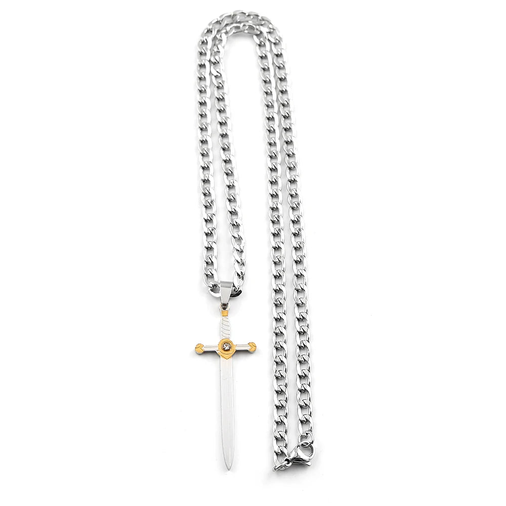 Archangel Saint Michael with Sword Protect Us Stainless Steel Pendants Necklace for Women Men Two-Tone Chain Necklaces Jewelry