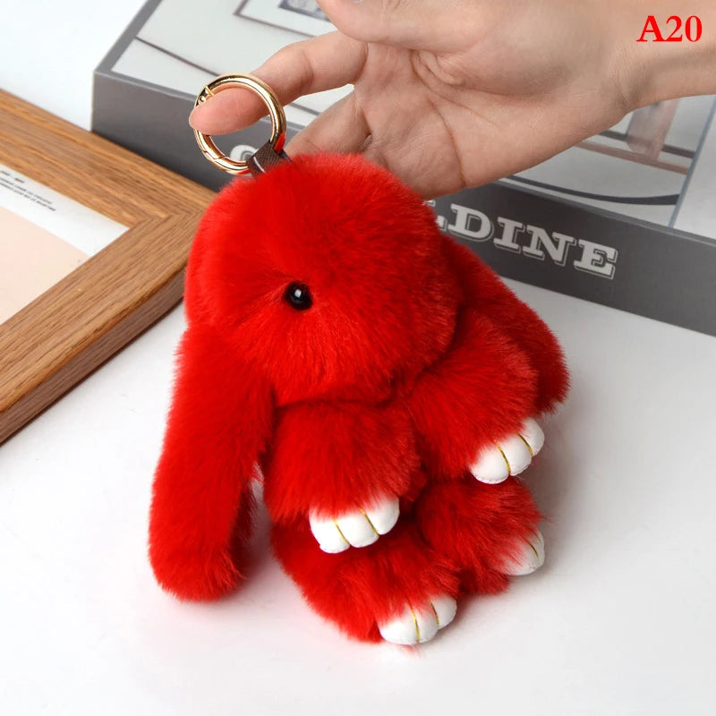 Rabbit Keychain Ring Fluffy Real Fur Pompon Bunny Trinket Key Chain Charm Cute Key Ring On Bag Car Key Pendant Red